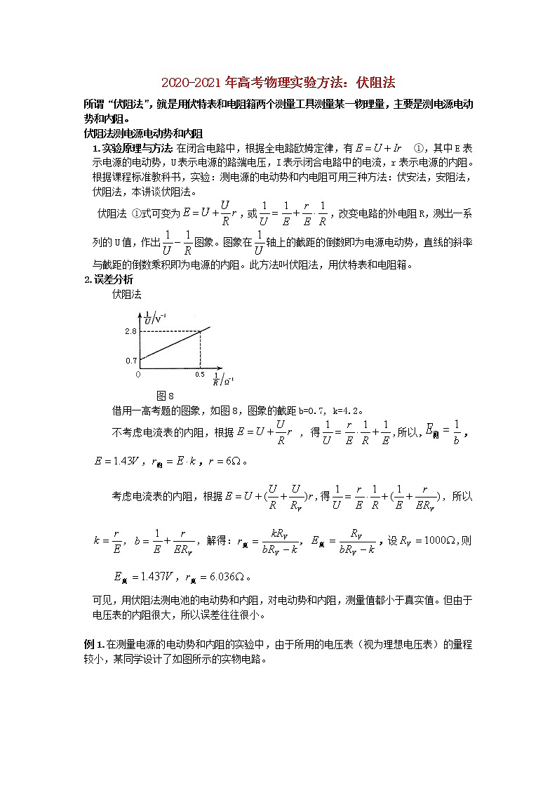 2020_2021年高考物理实验方法伏阻法含解析 试卷01