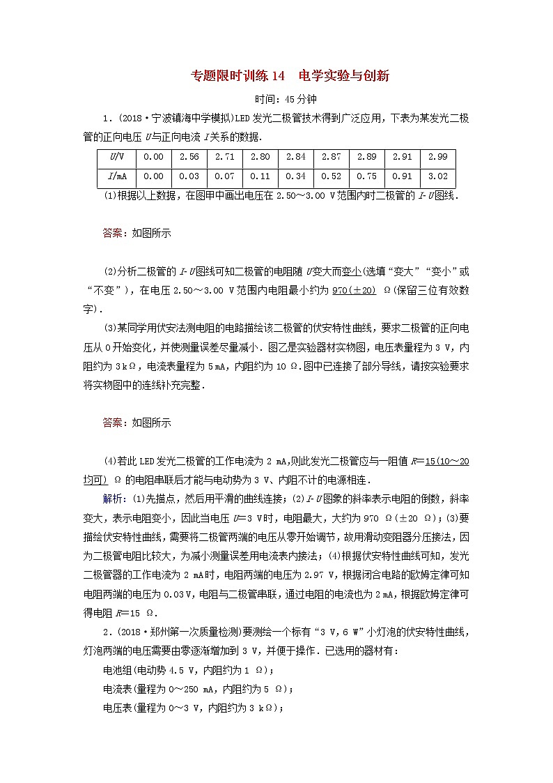 2019届高考物理二轮复习专题限时训练14电学实验与创新(含解析)01