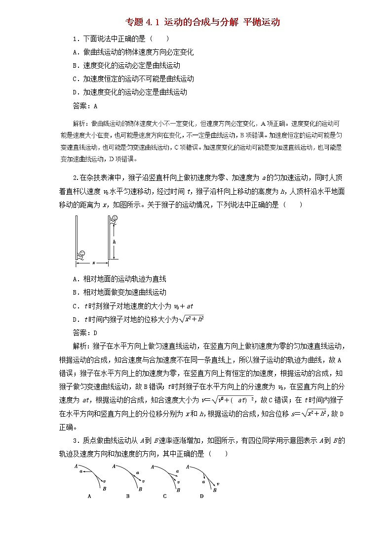 2019届高考物理二轮复习题型专练 4.1运动的合成与分解平抛运动(含解析)01