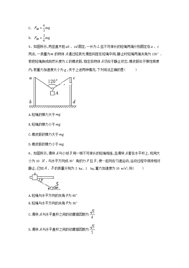 2019届高考物理二轮复习力学考点集训：考点4 力的合成与分解及物体的平衡(含解析) 试卷02