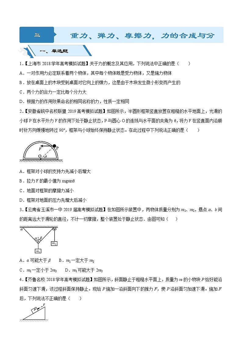2019高考物理二轮小题狂做专练03 重力、弹力、摩擦力，力的合成与分解 （含解析）01
