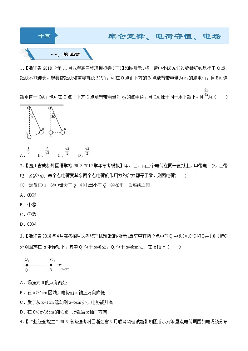 2019高考物理二轮小题狂做专练15 库仑定律、电荷守恒、电场强度 （含解析）01