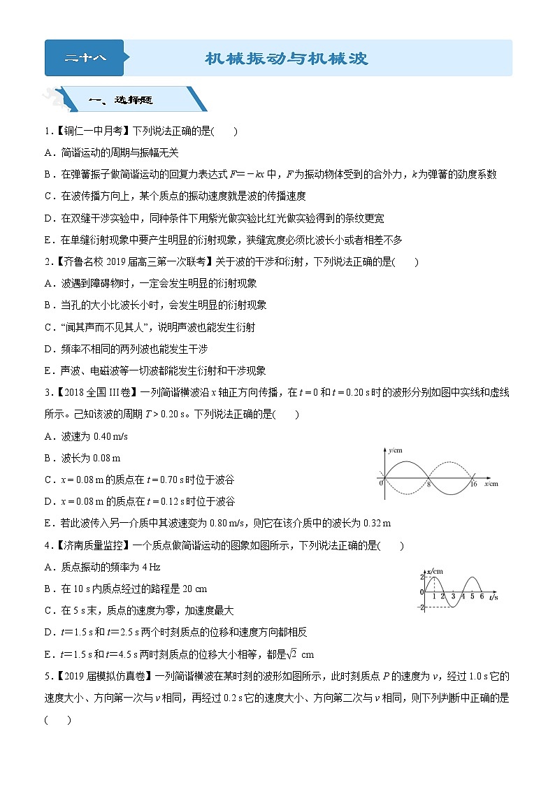 2019高考物理二轮小题狂做专练28 机械振动与机械波 （含解析）01