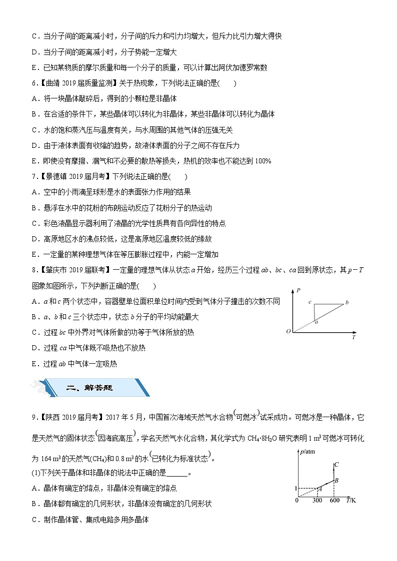 2019高考物理二轮小题狂做专练30  分子动理论与统计观点、热力学定律 （含解析）02