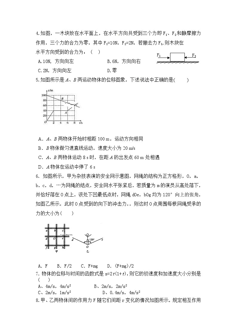 云南省2018-2019学年曲靖市沾益县第四中学高一上学期期末考试物理试题02