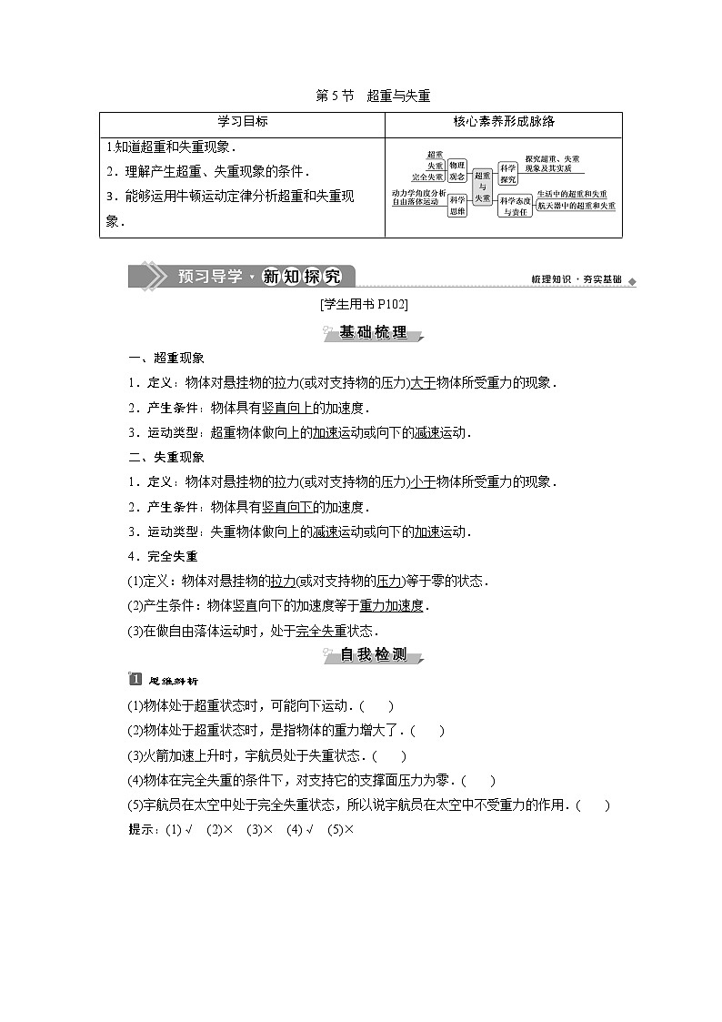 （新教材）2020版同步鲁科版高中物理必修第一册素养突破讲义：第5章第5节　超重与失重第1页