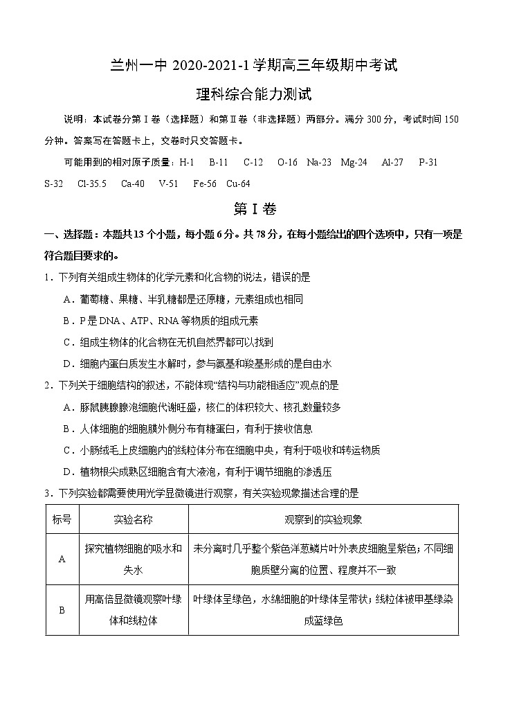 甘肃省兰州市第一中学2021届高三上学期期中考试 理科综合(含答案)01