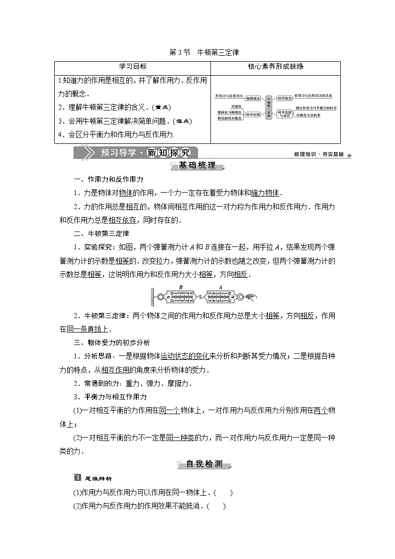 人教版（2019）高中物理必修第一册第三章3 第3节　牛顿第三定律 导学案第1页