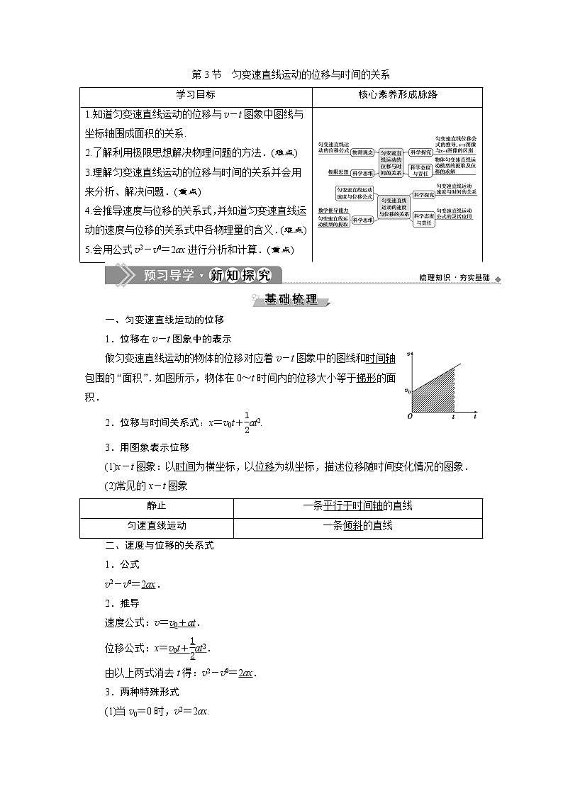 人教版（2019）高中物理必修第一册第二章3 第3节　匀变速直线运动的位移与时间的关系 导学案第1页