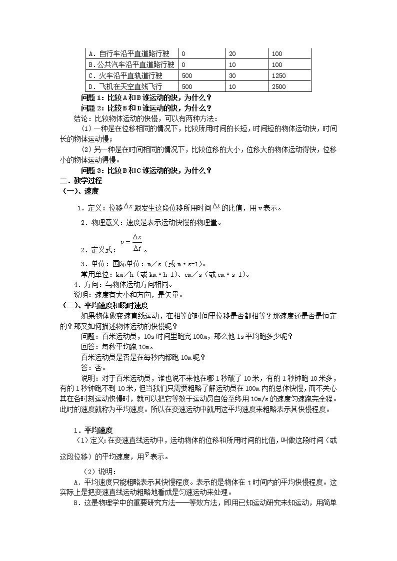 高中物理 1.3运动快慢的描述-速度教学设计人教必一02