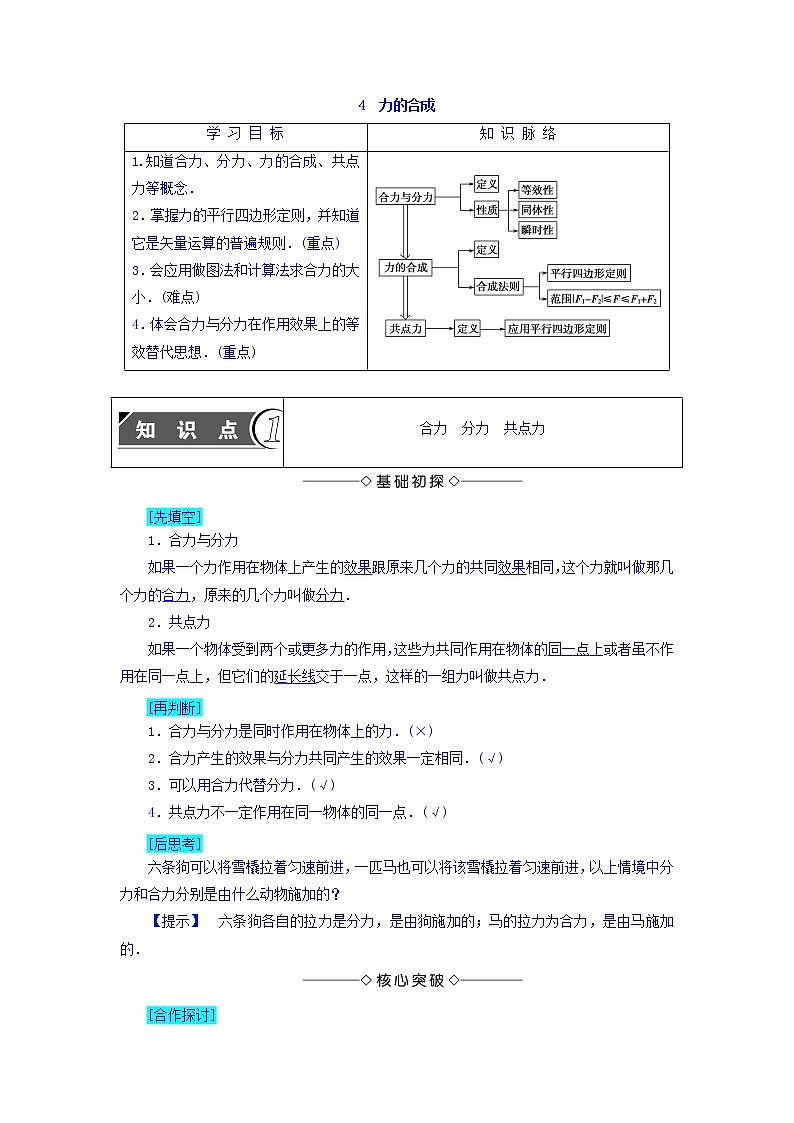 2018版高中人教版物理必修一学案：第3章+第4节+力的合成+Word版含答案第1页