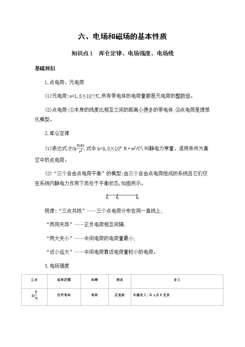 2020届高考物理课标版二轮复习训练题：基础回扣6六、电场和磁场的基本性质 Word版含解析01
