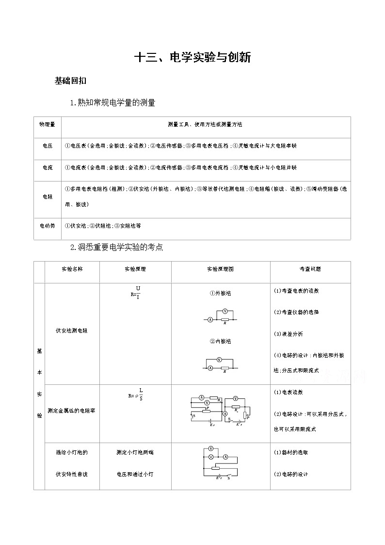 2020届高考物理课标版二轮复习训练题：基础回扣13十三、电学实验与创新 Word版含解析01
