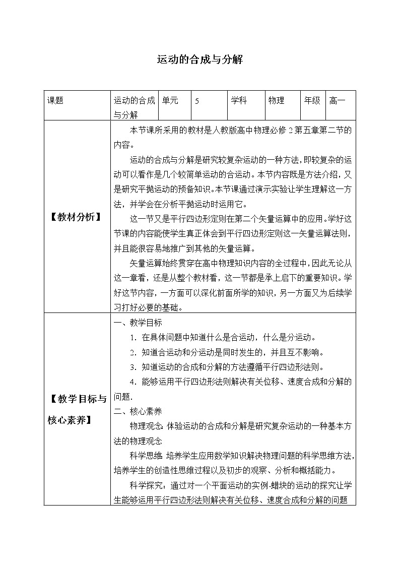 第五章 抛体运动  5.2运动的合成与分解 （教案）01