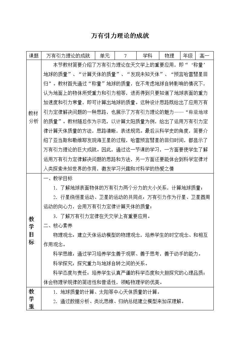 第七章 万有引力与宇宙航行  7.3万有引力理论的成就  （教案）01