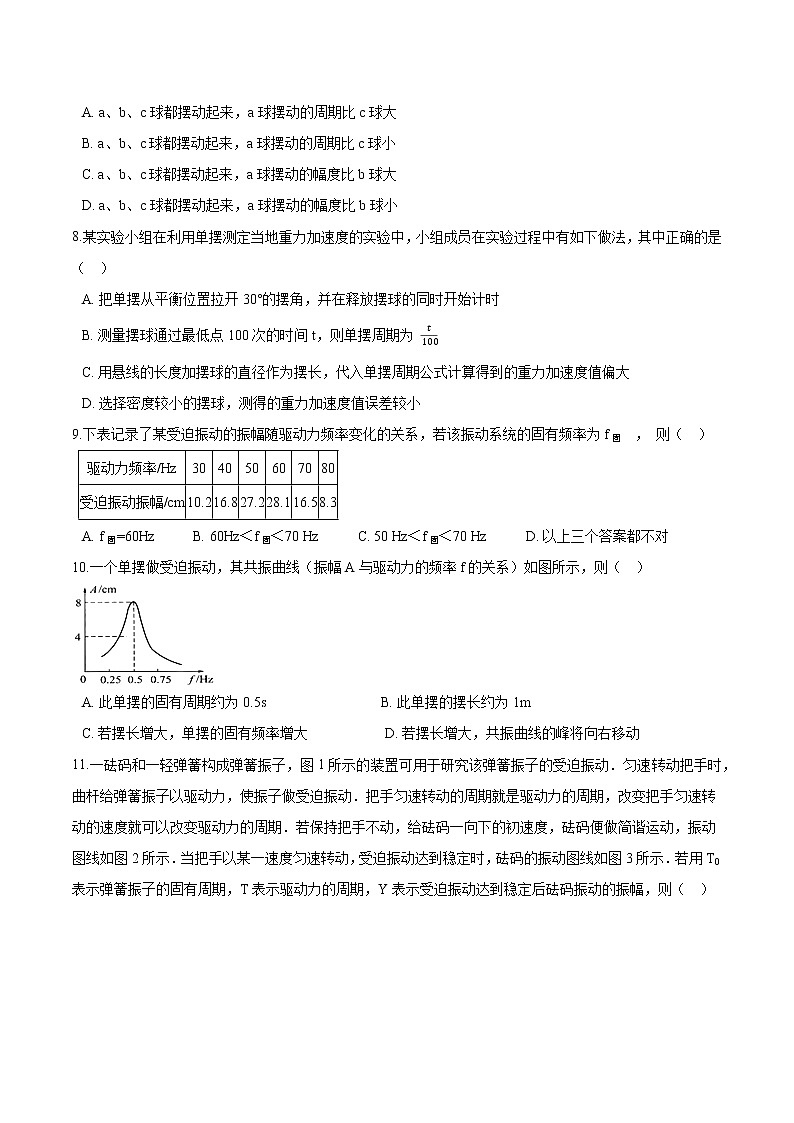 粤教版（2019）物理 选修第一册2.4《用单摆测量重力加速度》2.5《受迫振动 共振 》同步练习（含解析）03
