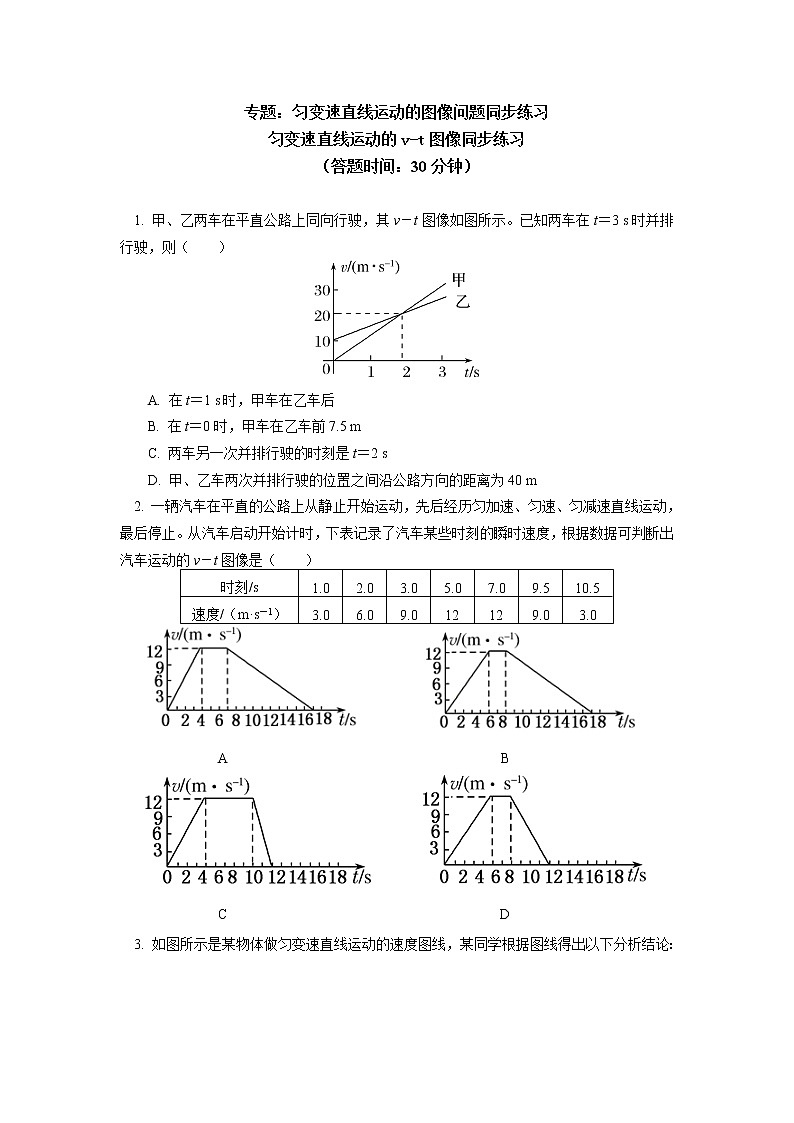 2020-2021学年【新教材】人教版（2019）高中物理必修一专题：匀变速直线运动的图像问题同步练习01