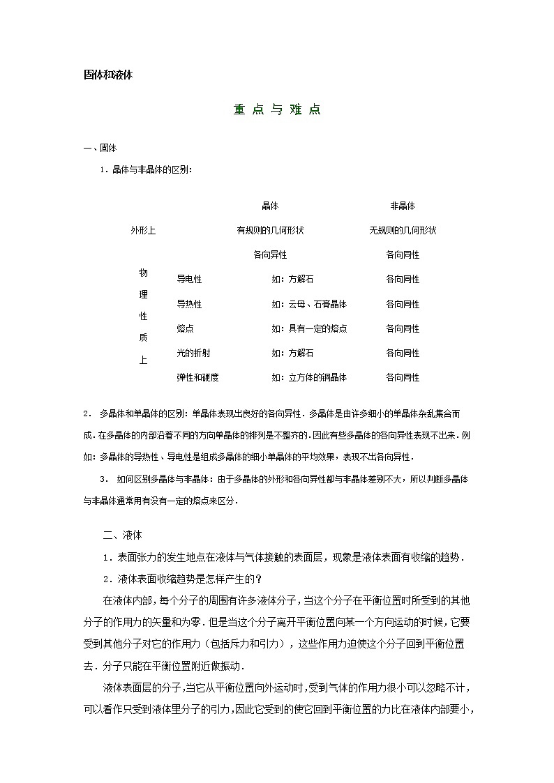 人教版物理选修1-2《固体和液体》教案设计01