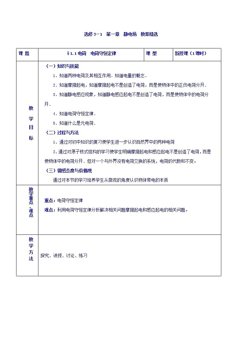 高二物理人教版选修3-1《1.1 电荷及其守恒定律》 教案01