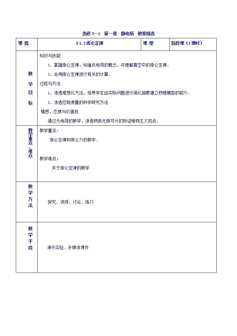 高二物理人教版选修3-1《1.2库仑定律》教案01