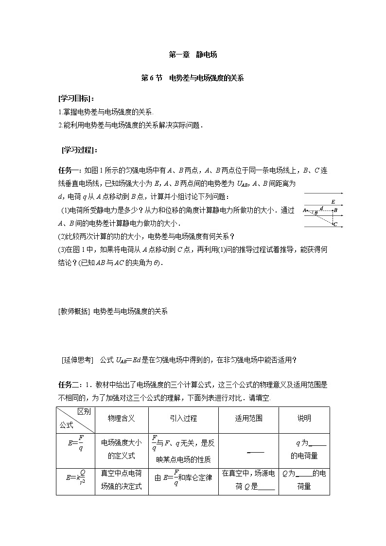 2017学年高一物理人教版选修3-1导学案：1.6 电势差与电场强度的关系 学生版第1页