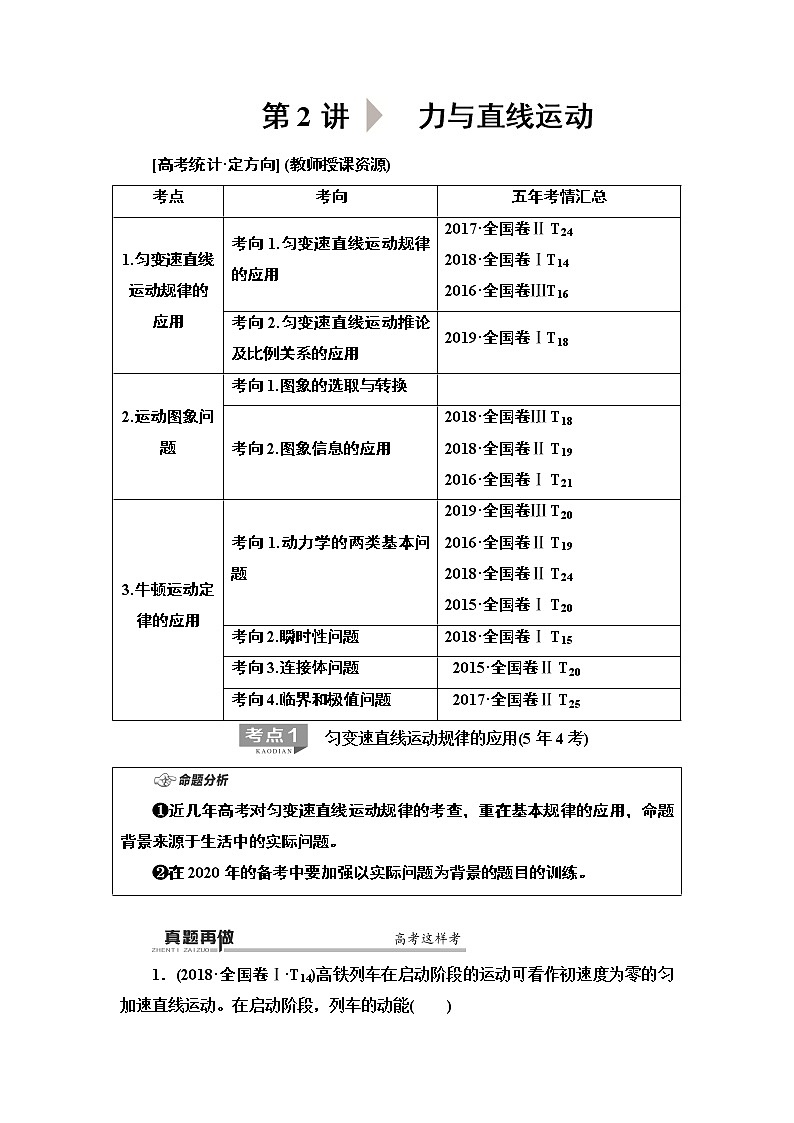 2020 第1部分 专题1 第2讲  力与直线运动第1页