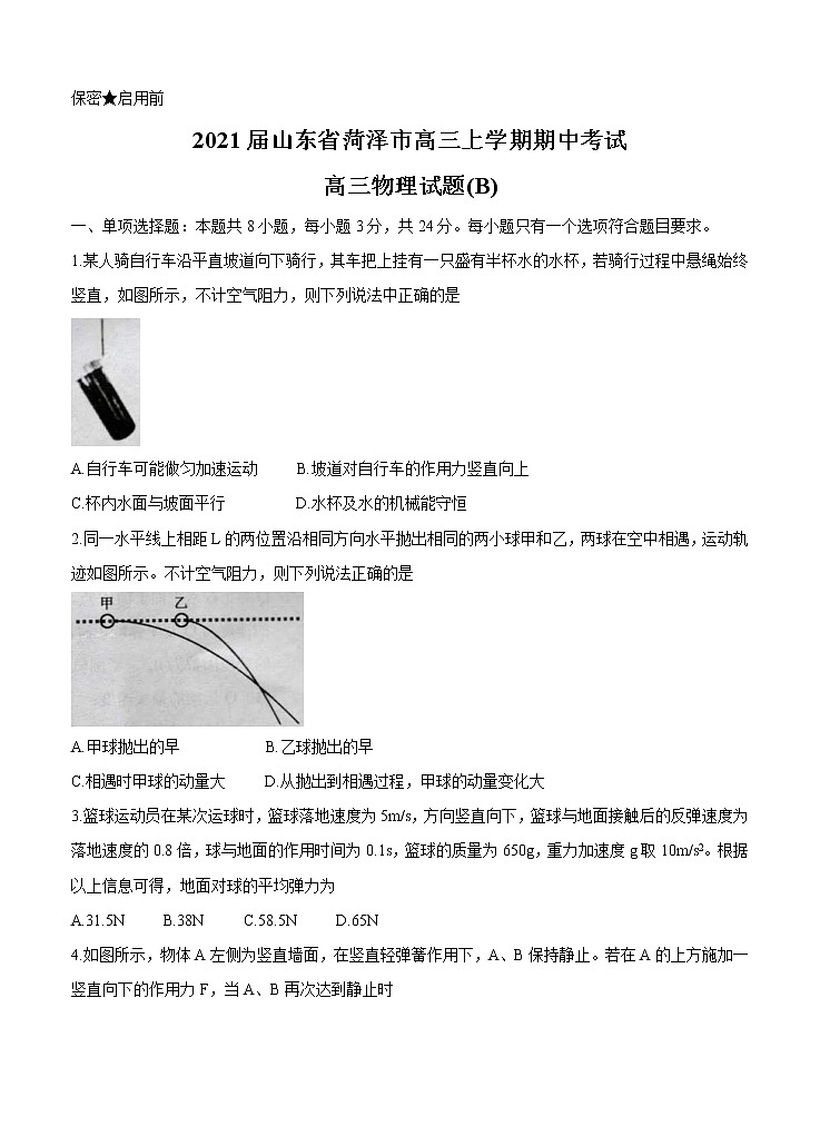 山东省菏泽市2021届高三上学期期中考试 物理 (含答案)01