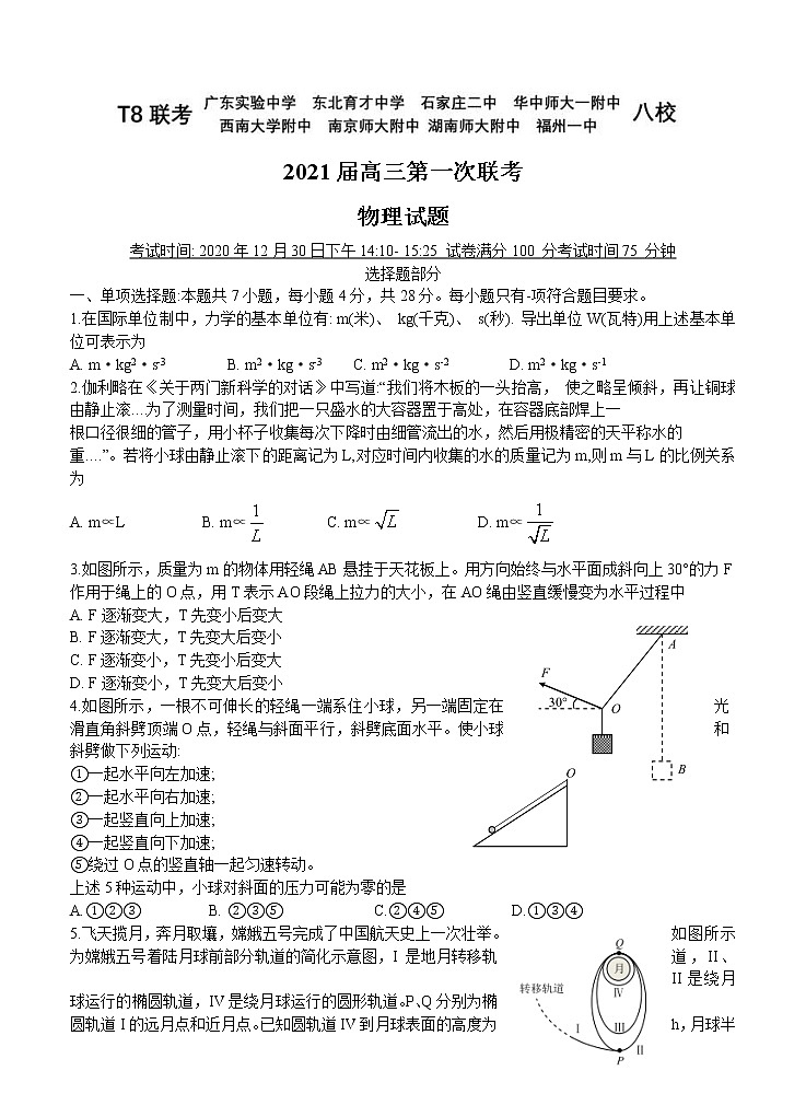 全国新课改省区T8联考2021届高三上学期12月第一次联考 物理 (含答案)第1页