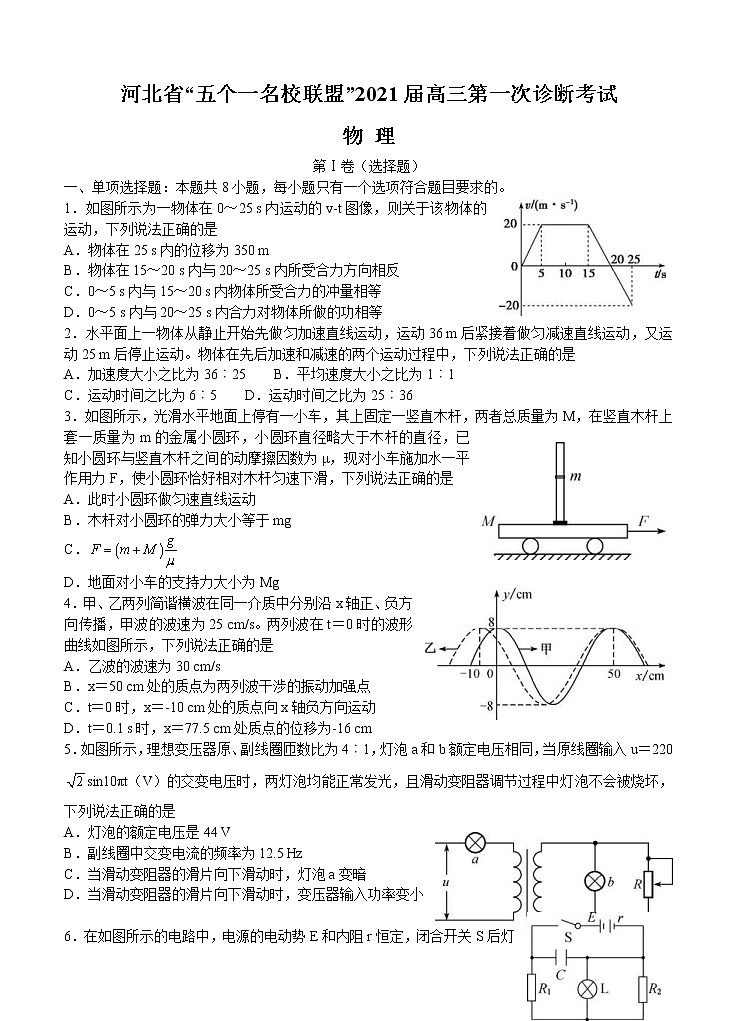 河北省“五个一名校联盟”2021届高三上学期第一次诊断考试 物理 (含答案)第1页
