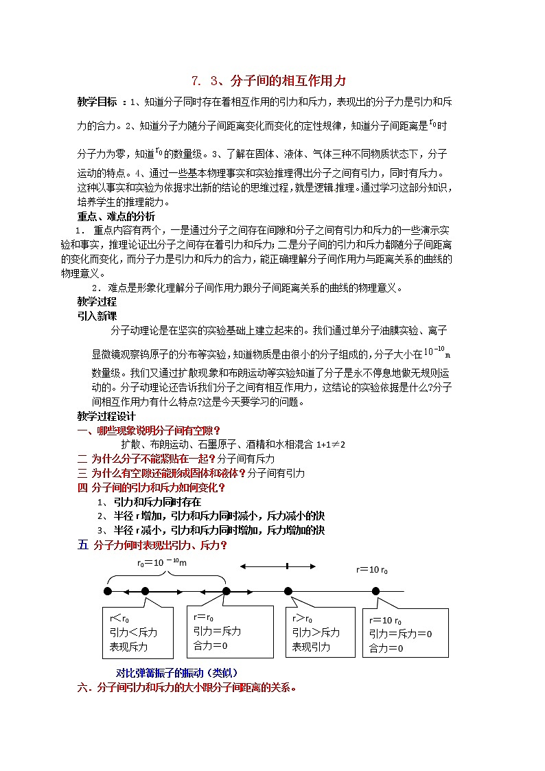 7.3《分子间的作用力》教案（新人教版选修3-3）01