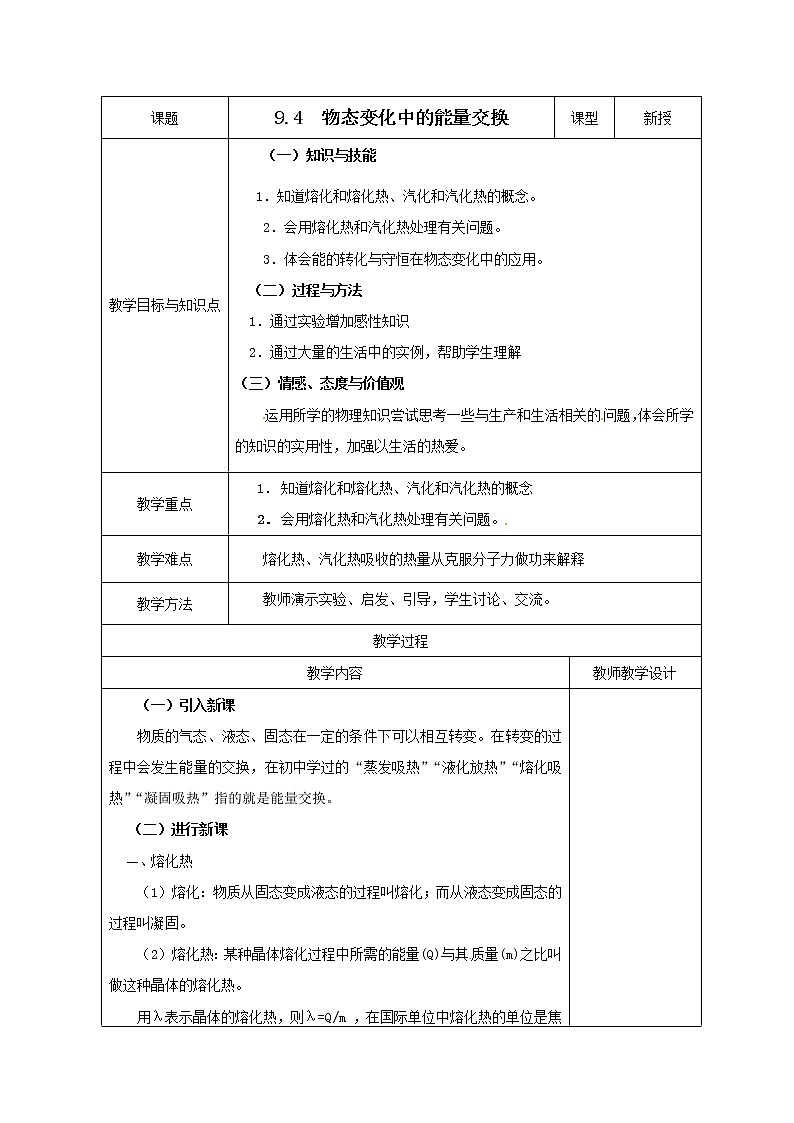 9.4《物态变化中的能量交换》教案（新人教选修3-3）01