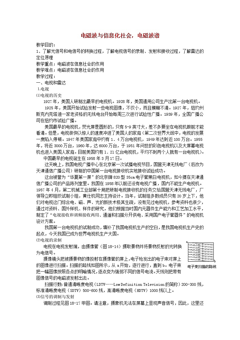高中物理 第十四章 4、5电磁波与信息化社会，电磁波谱教案 新人教版选修3-401