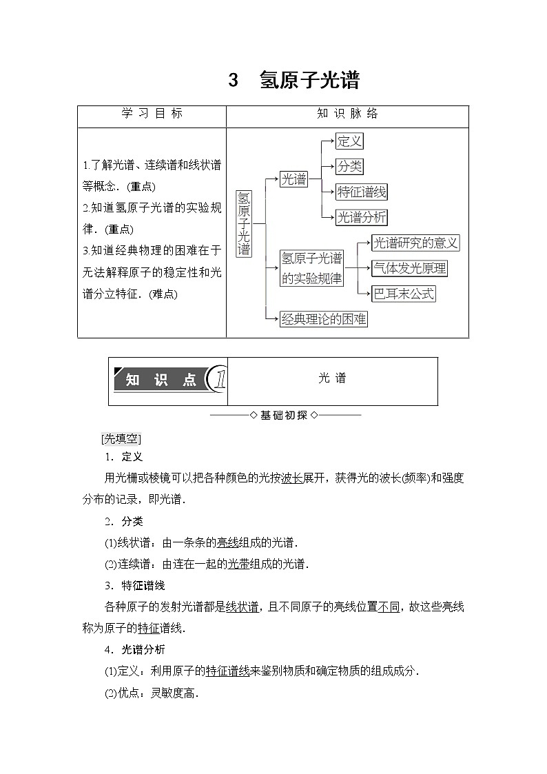 2018版高中物理人教版选修3-5教师用书：第18章+3　氢原子光谱+Word版含解析01