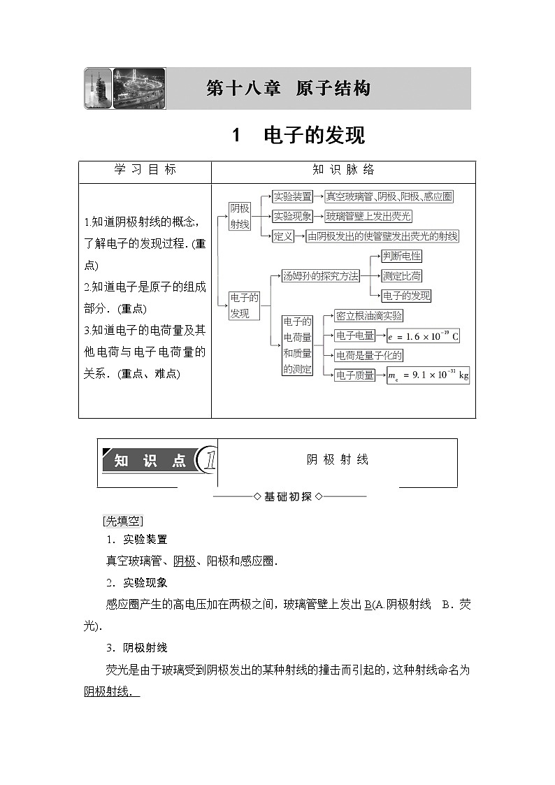 2018版高中物理人教版选修3-5教师用书：第18章+1　电子的发现+Word版含解析01