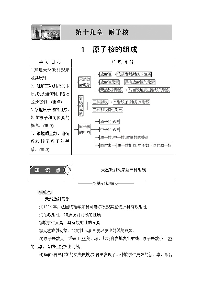 2018版高中物理人教版选修3-5教师用书：第19章+1　原子核的组成+Word版含解析01