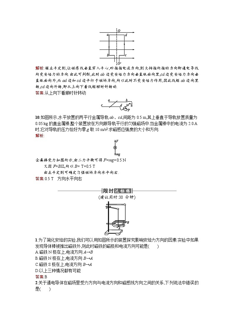 2017－2018学年度高中物理（人教版）选修1－1课时训练9磁场对通电导线的作用+Word版含解析03