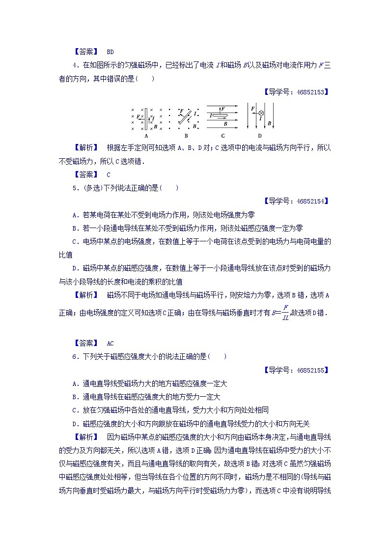2017-2018学年高中物理（人教版选修1-1）学业分层测评：第2章+第3节+磁场对通电导线的作用+学业分层测评+Word版含答案02