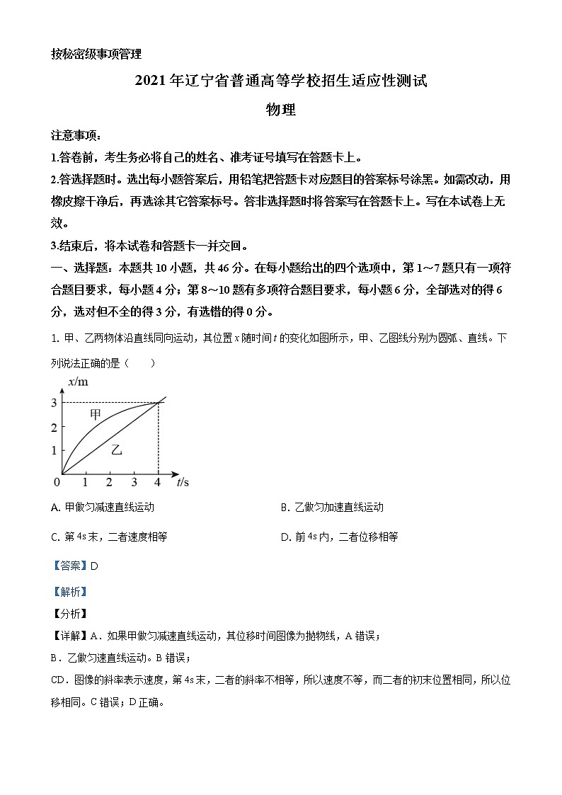 全国八省联考2021年1月辽宁省普通高等学校招生考试适应性测试物理试题解析版第1页