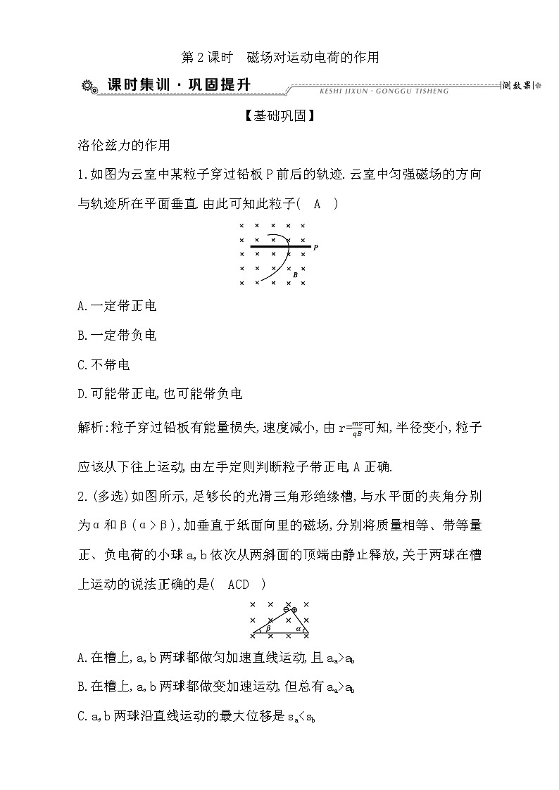2021届高考物理（全国通用版）大一轮复习检测：第九章 磁场 第2课时　磁场对运动电荷的作用 Word版含解析01