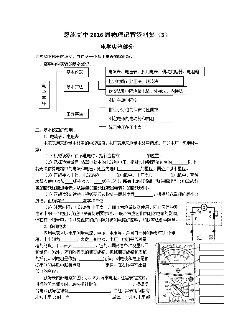 高三物理二轮复习记背材料3 电学实验部分第1页