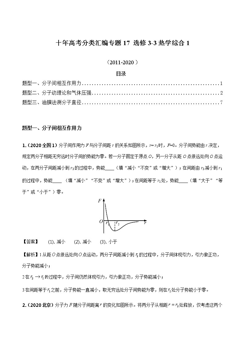 高考物理（2010~2020）真题专项练习   17 选修3-3热力学综合1（解析版）第1页