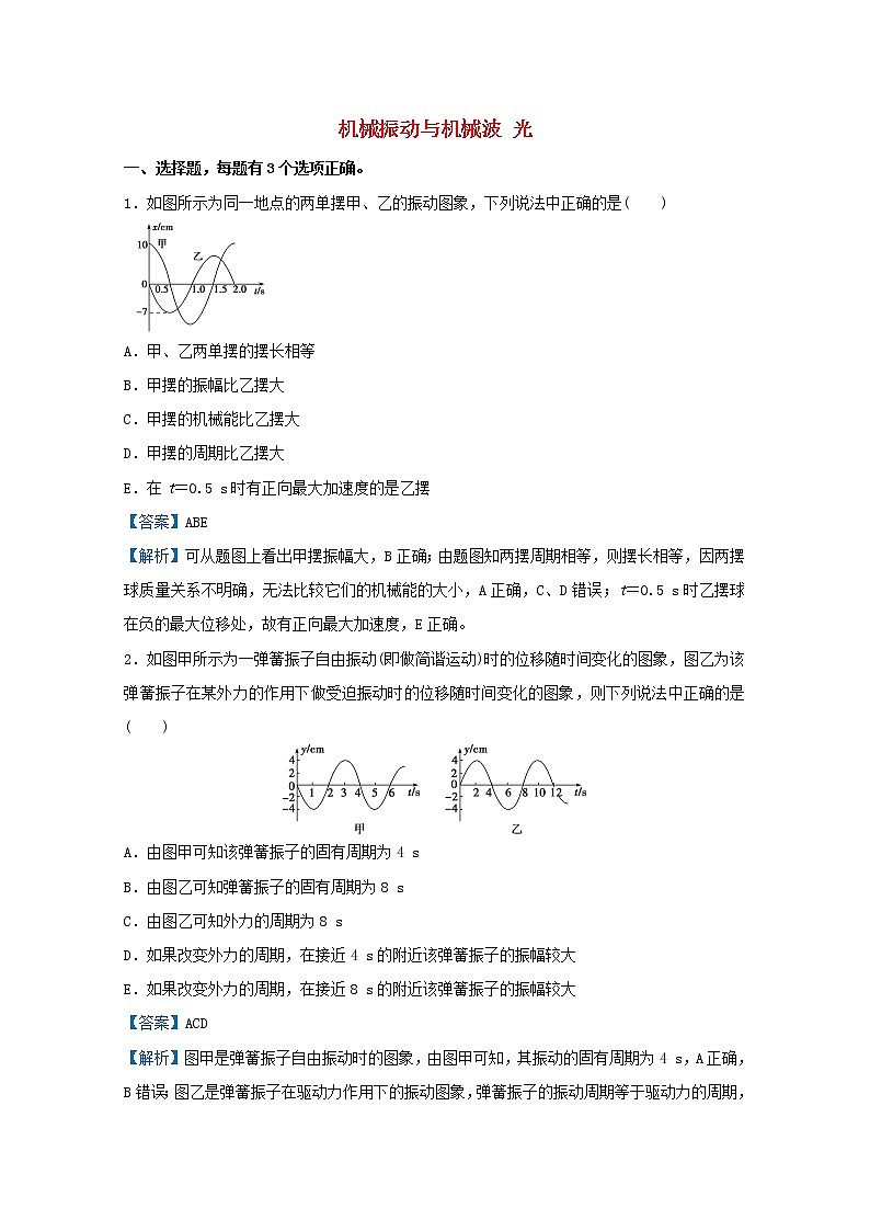 统考版2021届高考物理二轮复习提升指导与精练22机械振动与机械波光含解析第1页