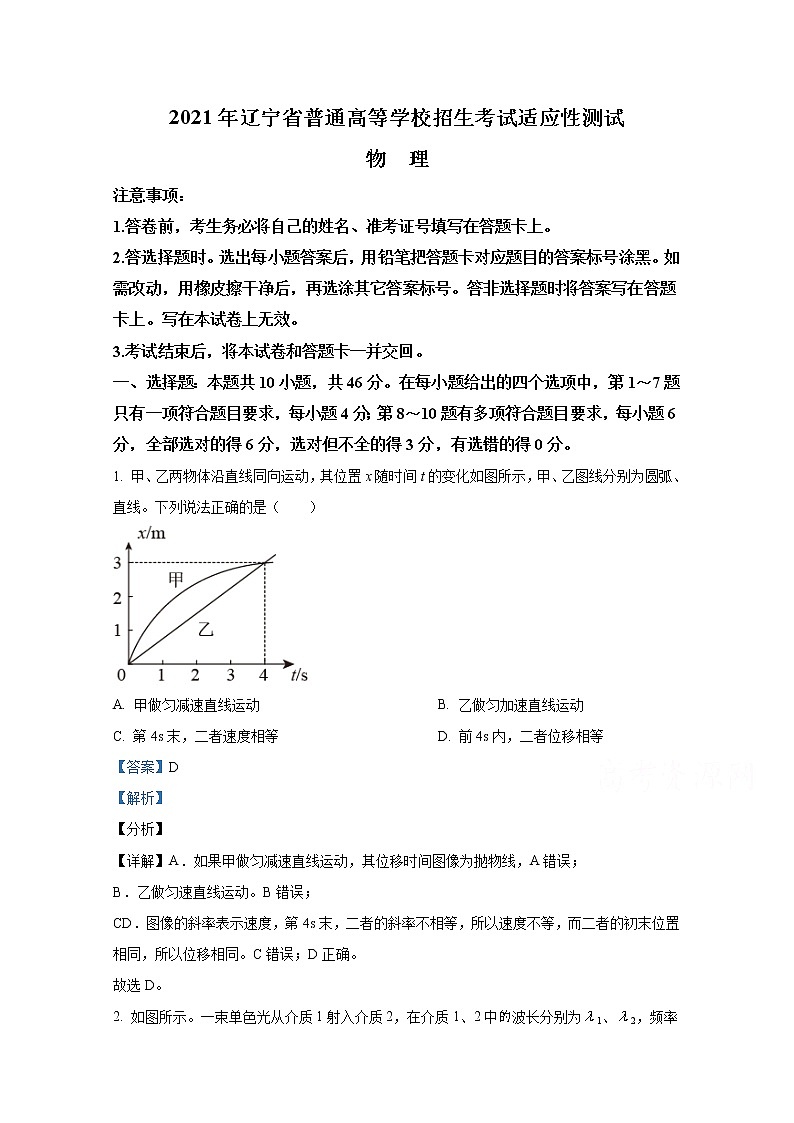 2021年八省联考辽宁省物理答案解析卷第1页