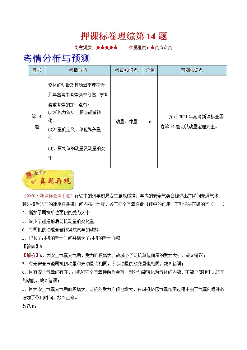 押课标卷理综第14题-备战2021年高考物理临考题号押题（新课标卷）（原卷版）01