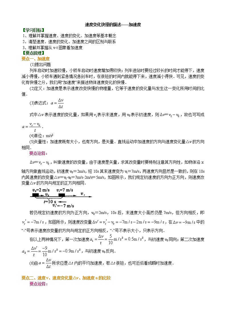 高一物理  速度变化快慢的描述——加速度 要点梳理（基础）第1页