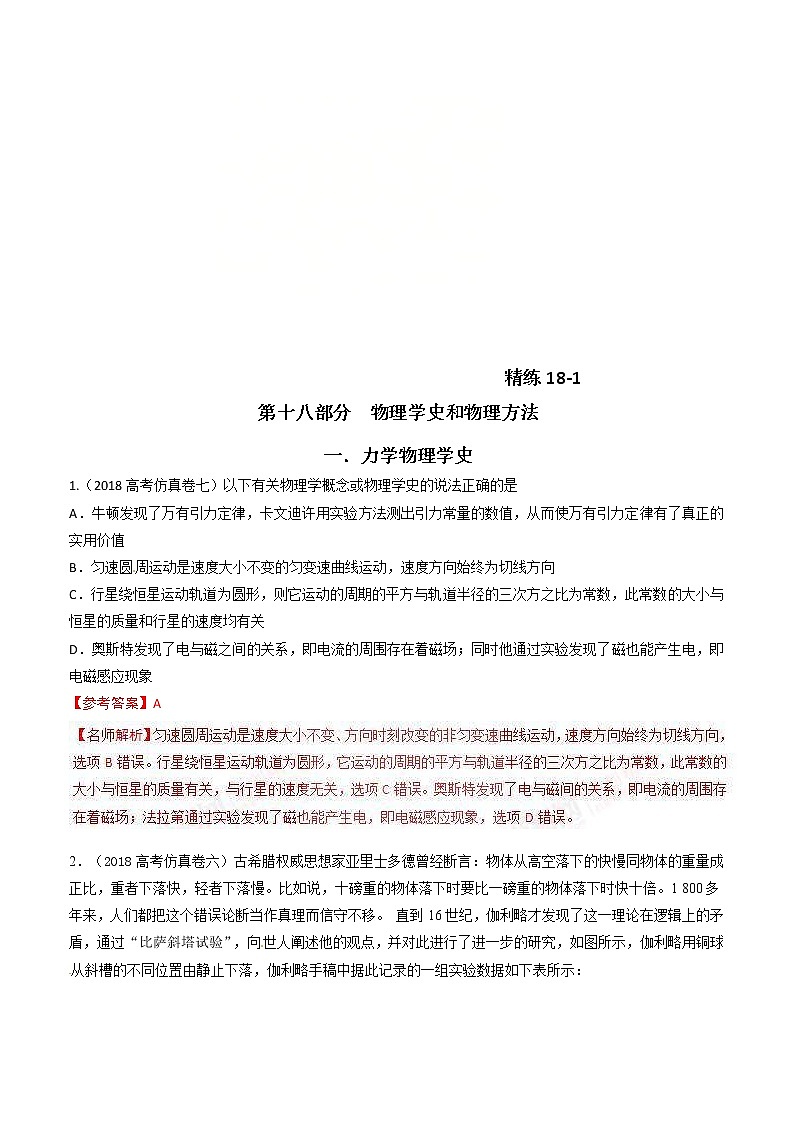 高考物理二轮考点精练专题18.1《力学物理学史》（含答案解析）第1页