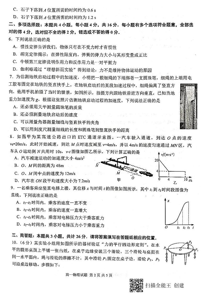 江苏省连云港市2020-2021学年高一上学期期末调研考试物理试题（图片版）02