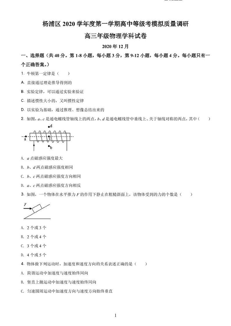 2020-2021学年上海市杨浦区高三等级考一模物理卷 精解版第1页
