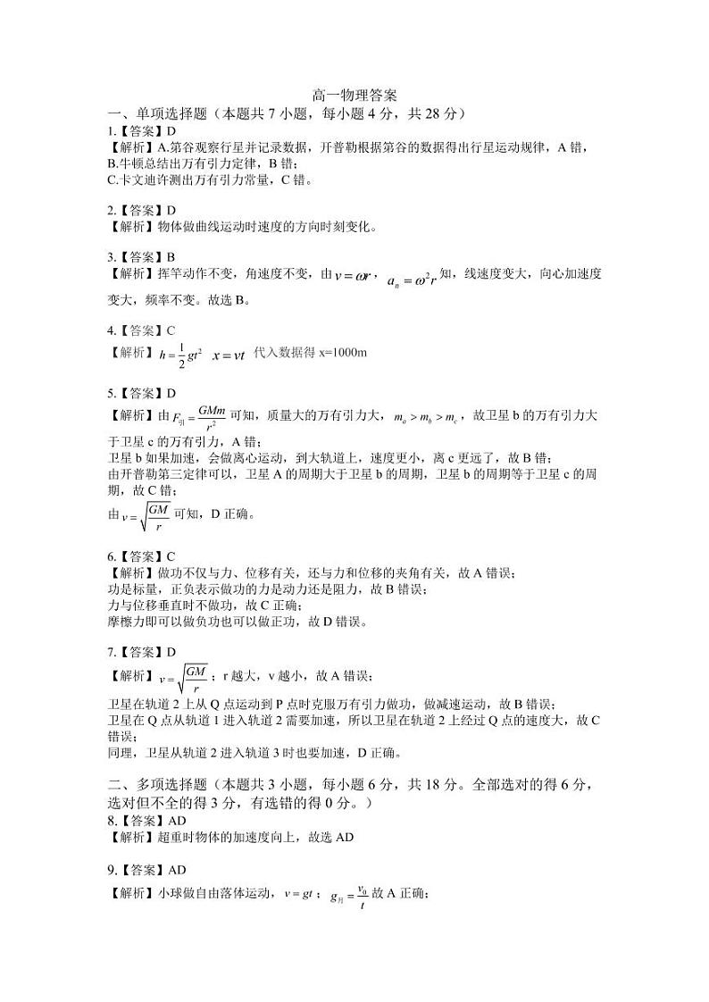 A佳湖南大联考2020-2021学年高一下学期4月期中考试：物理卷+答案 PDF01