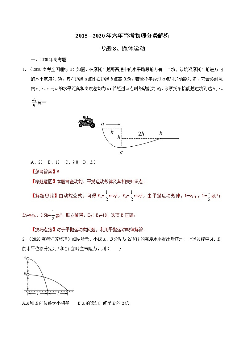 高考物理（15-20年）六年试题分类汇编  专题08 抛体运动01